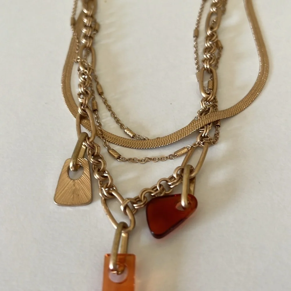 Universal Thread Gold Tone Layered Necklace Amber Resin Charm Pendant